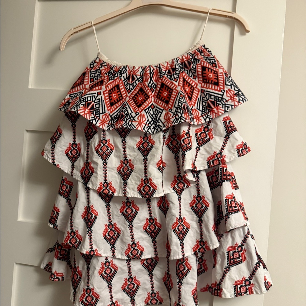 Caroline Constas Red and Black Patterned Ruffle strapless dress